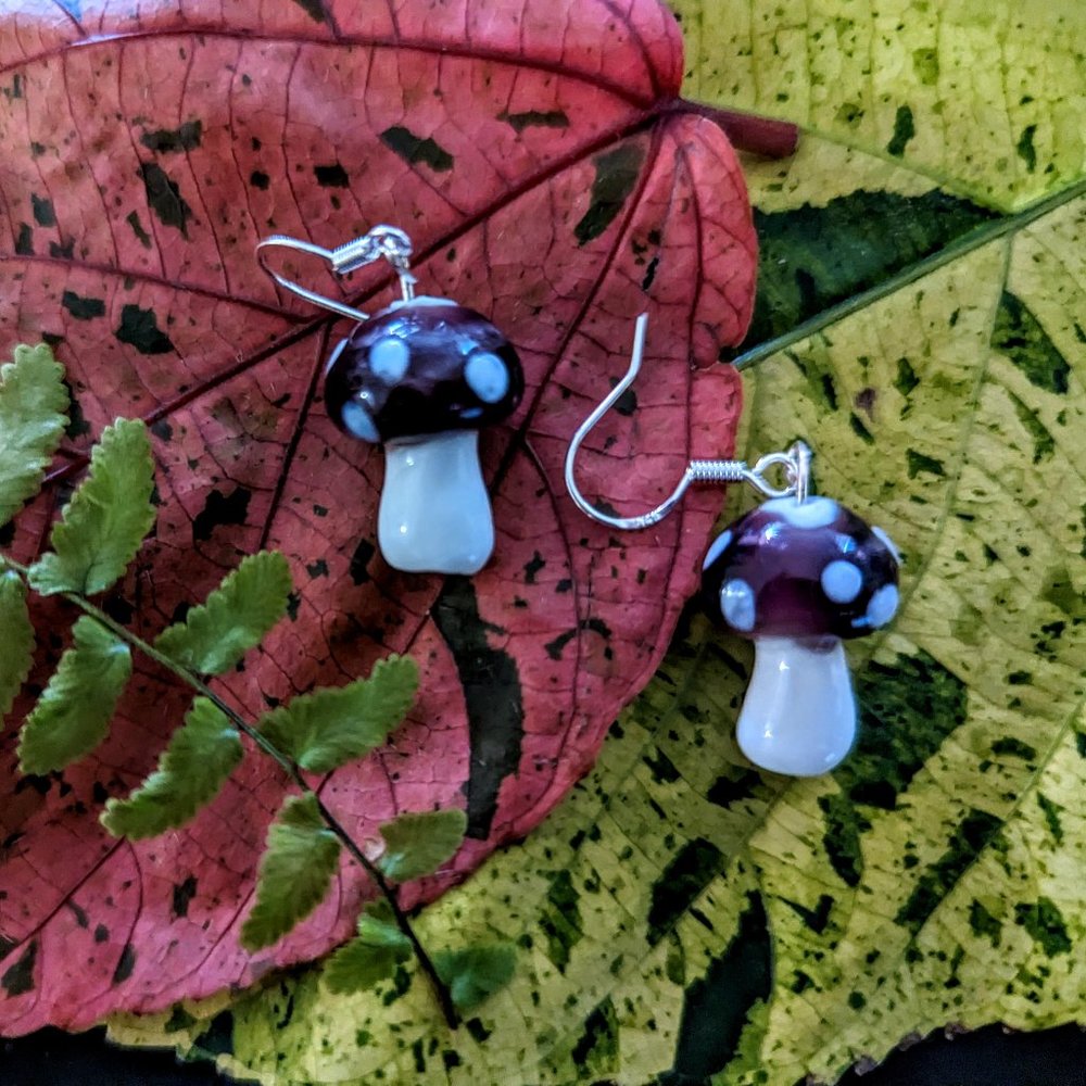Purple Glass Lampwork Mushroom Earrings Goblincore Cottagecore